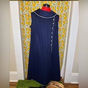 1960’s Handmade Navy Swing Dress with White Accents